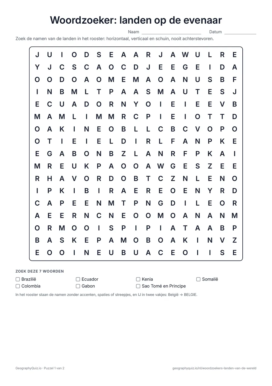 Voorbeeld van het werkblad “Woordzoeker: landen op de evenaar”: De 13 landen waar de evenaar doorheen loopt, in twee puzzels