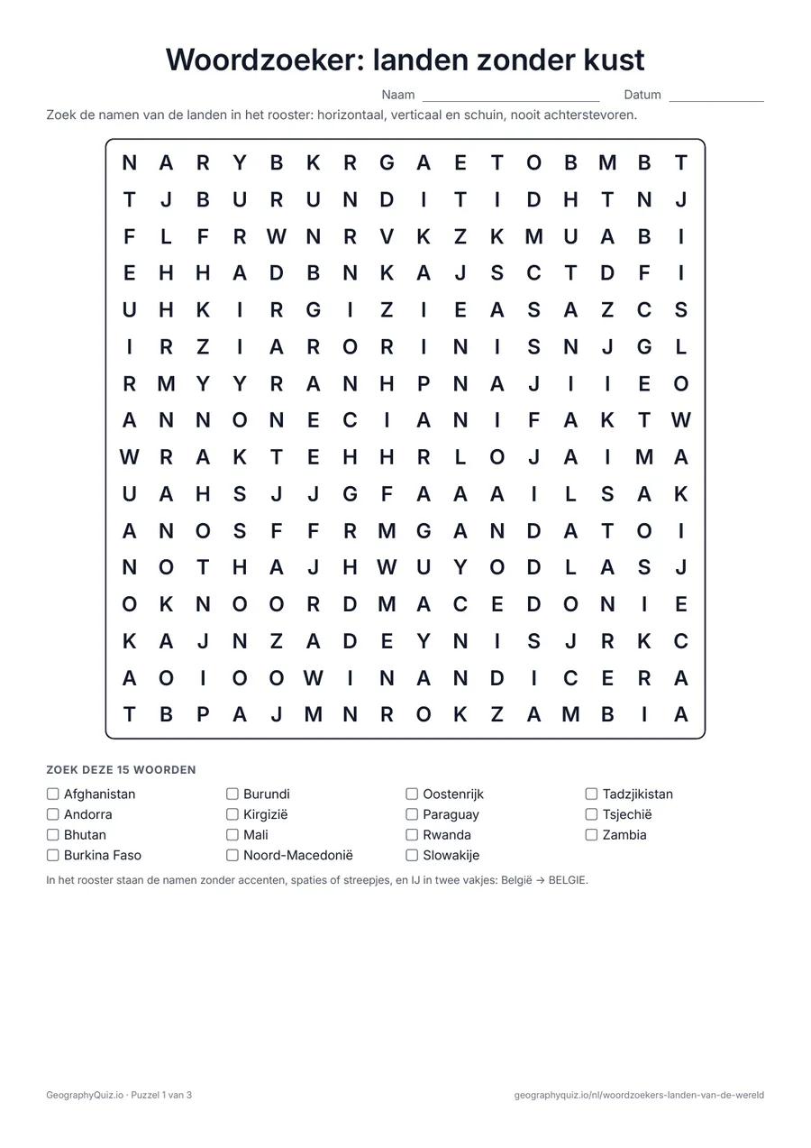 Voorbeeld van het werkblad “Woordzoeker: landen zonder kust”: Alle landen zonder kust, in drie puzzels