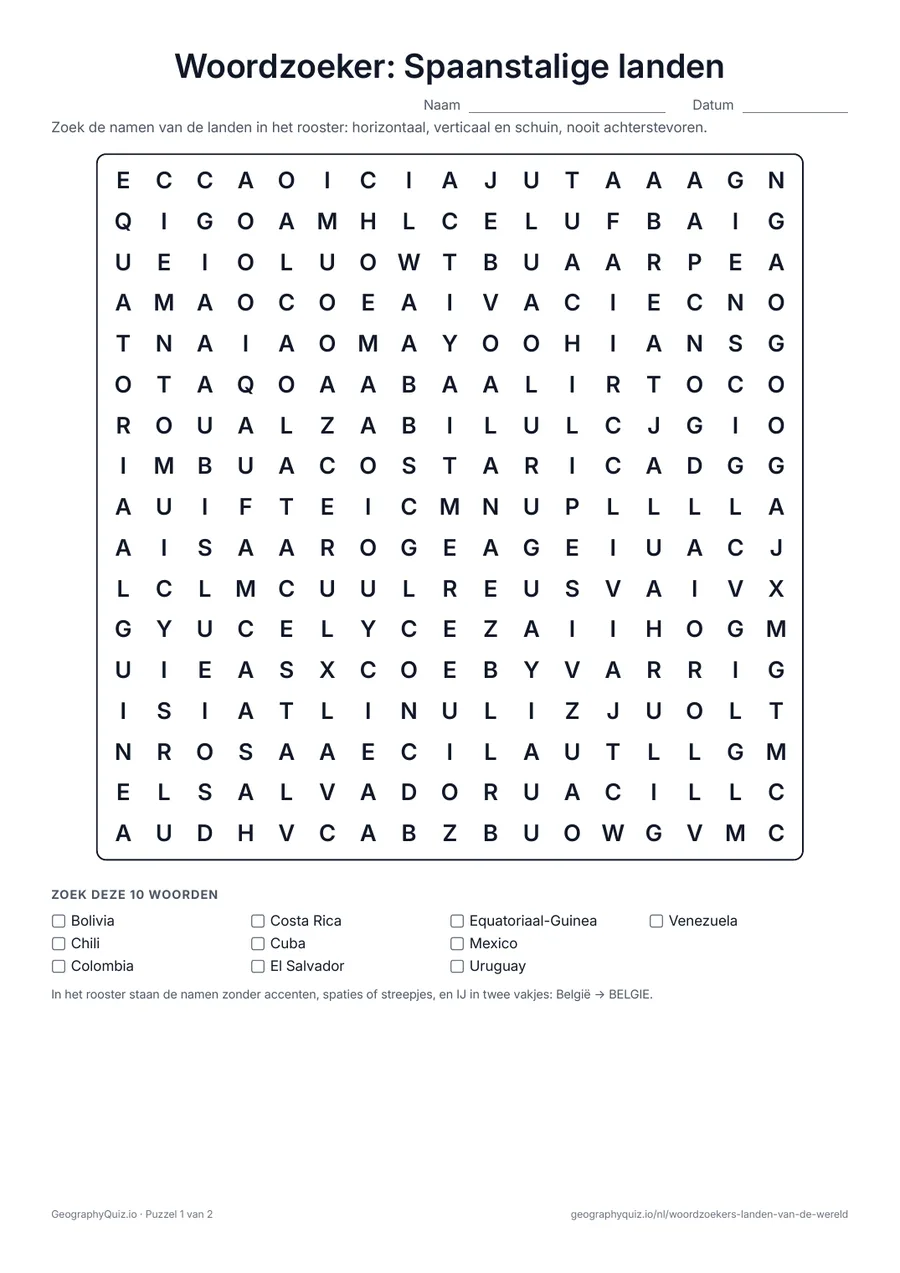 Voorbeeld van het werkblad “Woordzoeker: Spaanstalige landen”: De 20 landen waar Spaans een officiële taal is, in twee puzzels