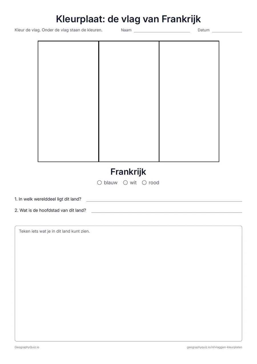 Voorbeeld van het werkblad “Kleurplaat: de vlag van Frankrijk”: De vlag van Frankrijk in groot formaat en in de juiste verhoudingen, met een kleurenlegenda en twee vragen