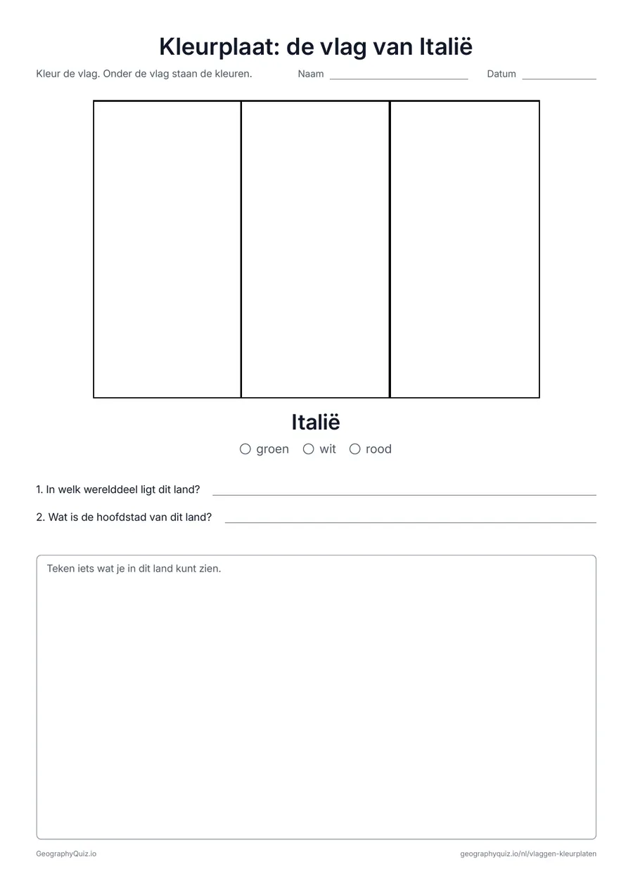 Voorbeeld van het werkblad “Kleurplaat: de vlag van Italië”: De vlag van Italië in groot formaat en in de juiste verhoudingen, met een kleurenlegenda en twee vragen
