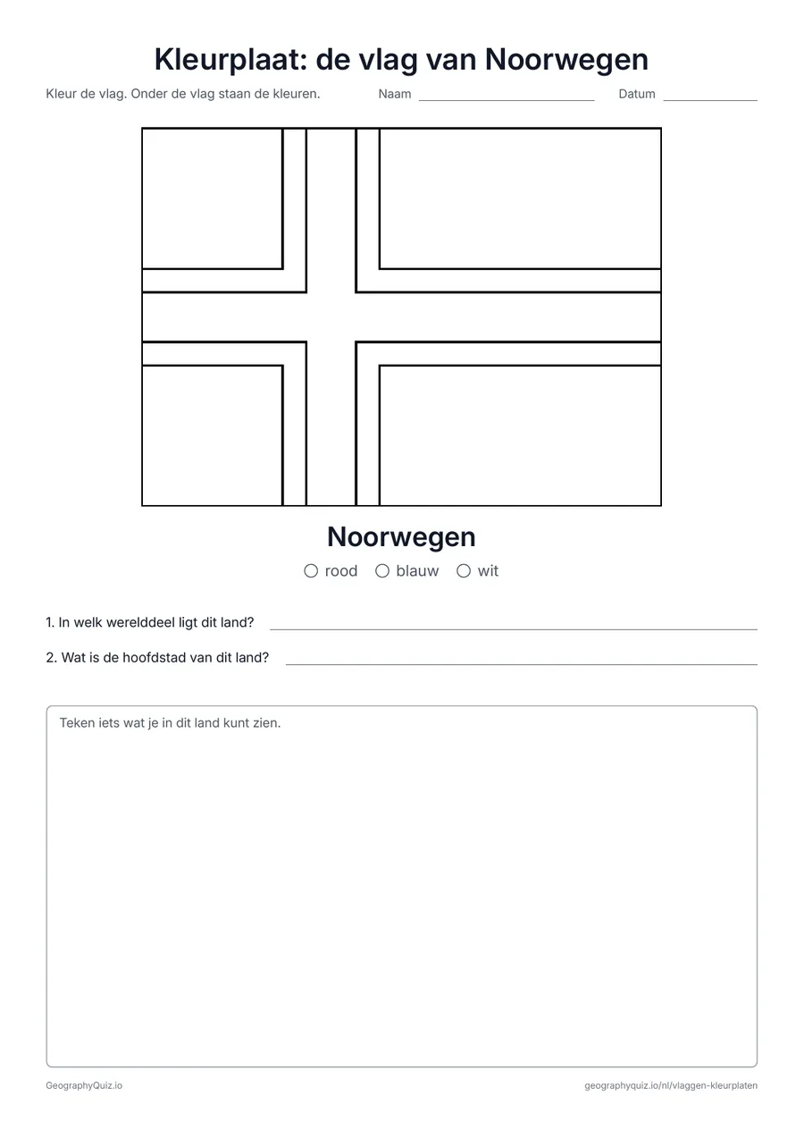 Voorbeeld van het werkblad “Kleurplaat: de vlag van Noorwegen”: De rode vlag van Noorwegen met het blauw-witte kruis, met een kleurenlegenda en twee vragen
