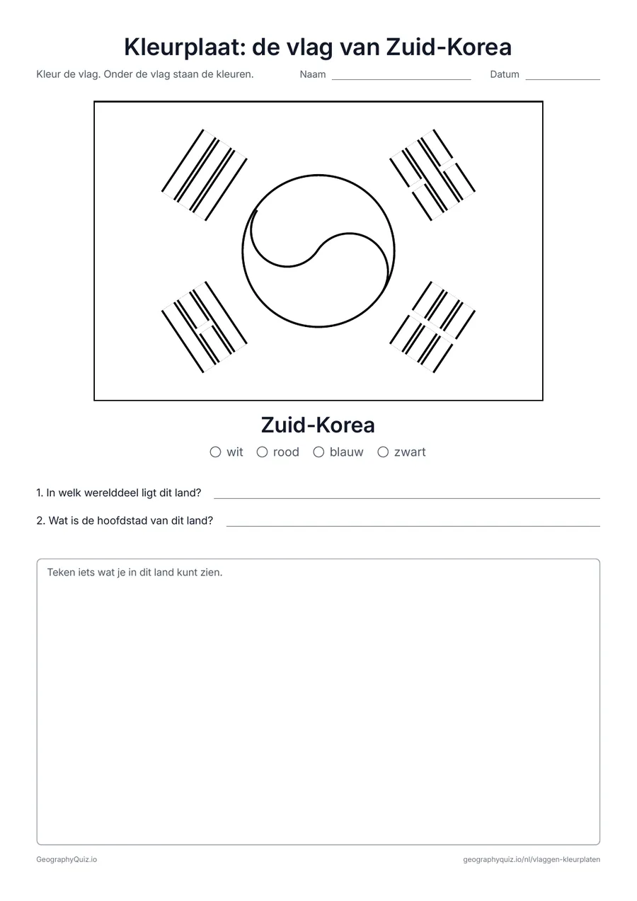 Voorbeeld van het werkblad “Kleurplaat: de vlag van Zuid-Korea”: De vlag van Zuid-Korea in groot formaat en in de juiste verhoudingen, met een kleurenlegenda en twee vragen