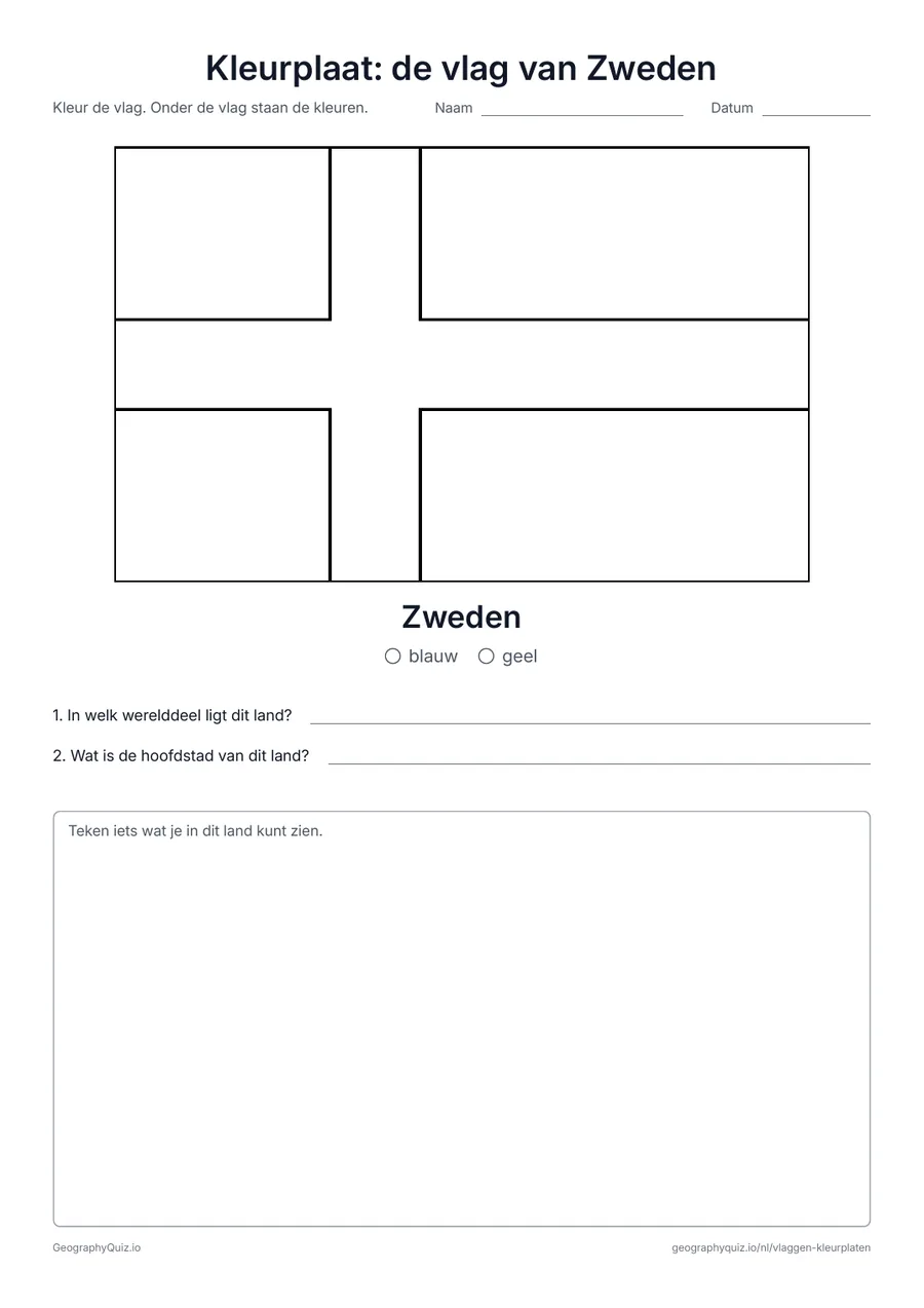 Voorbeeld van het werkblad “Kleurplaat: de vlag van Zweden”: Het gele kruis op een blauwe achtergrond van de Zweedse vlag, met een kleurenlegenda en twee vragen