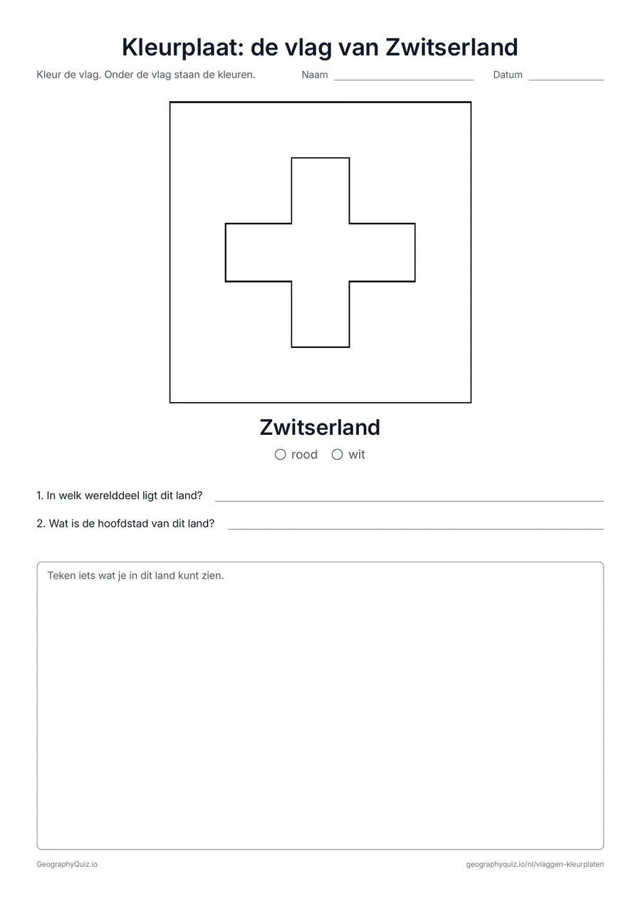 Voorbeeld van het werkblad “Kleurplaat: de vlag van Zwitserland”: De vierkante rode vlag van Zwitserland met het witte kruis: een van de maar twee vierkante nationale vlaggen