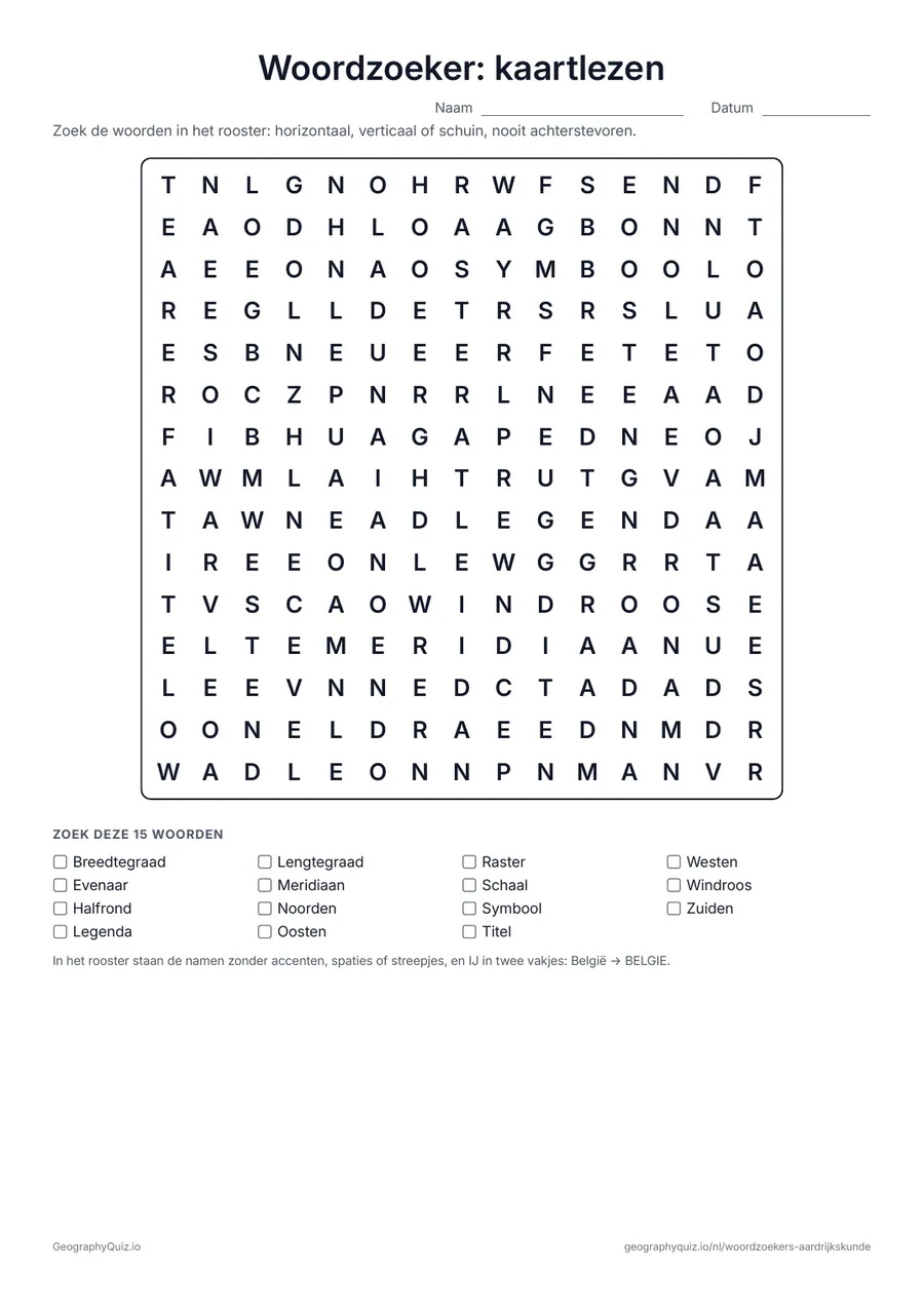 Voorbeeld van het werkblad “Woordzoeker: kaartlezen”: Vijftien woorden over de kaart: windroos, legenda, schaal, raster, windstreken, breedtegraad, lengtegraad en meer