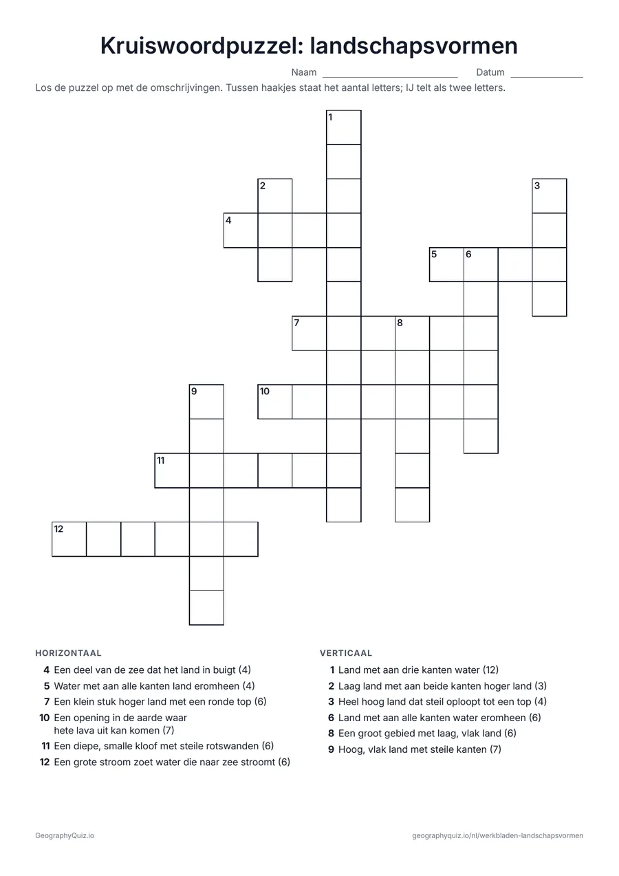 Voorbeeld van het werkblad “Kruiswoordpuzzel: landschapsvormen”: Een kruiswoordpuzzel over de landschapsvormen, met hun beschrijvingen als omschrijving