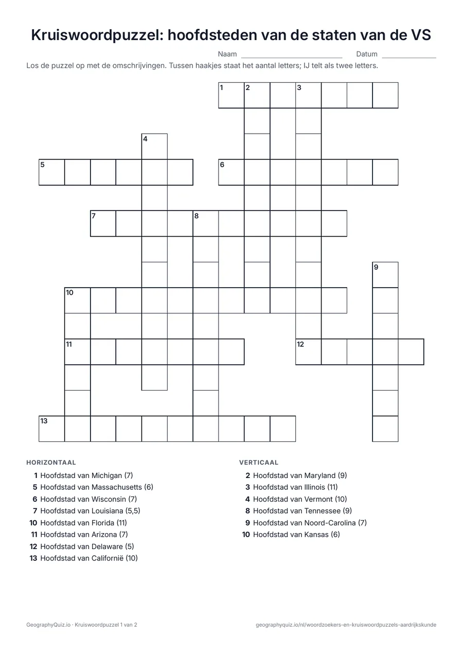 Voorbeeld van het werkblad “Kruiswoordpuzzel: hoofdsteden van de staten van de VS”: Een kruiswoordpuzzel over de hoofdsteden van de staten van de VS: “Hoofdstad van Texas”