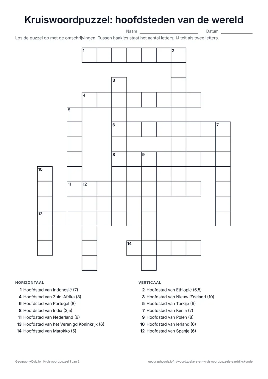 Voorbeeld van het werkblad “Kruiswoordpuzzel: hoofdsteden van de wereld”: Een kruiswoordpuzzel over bekende hoofdsteden uit alle werelddelen