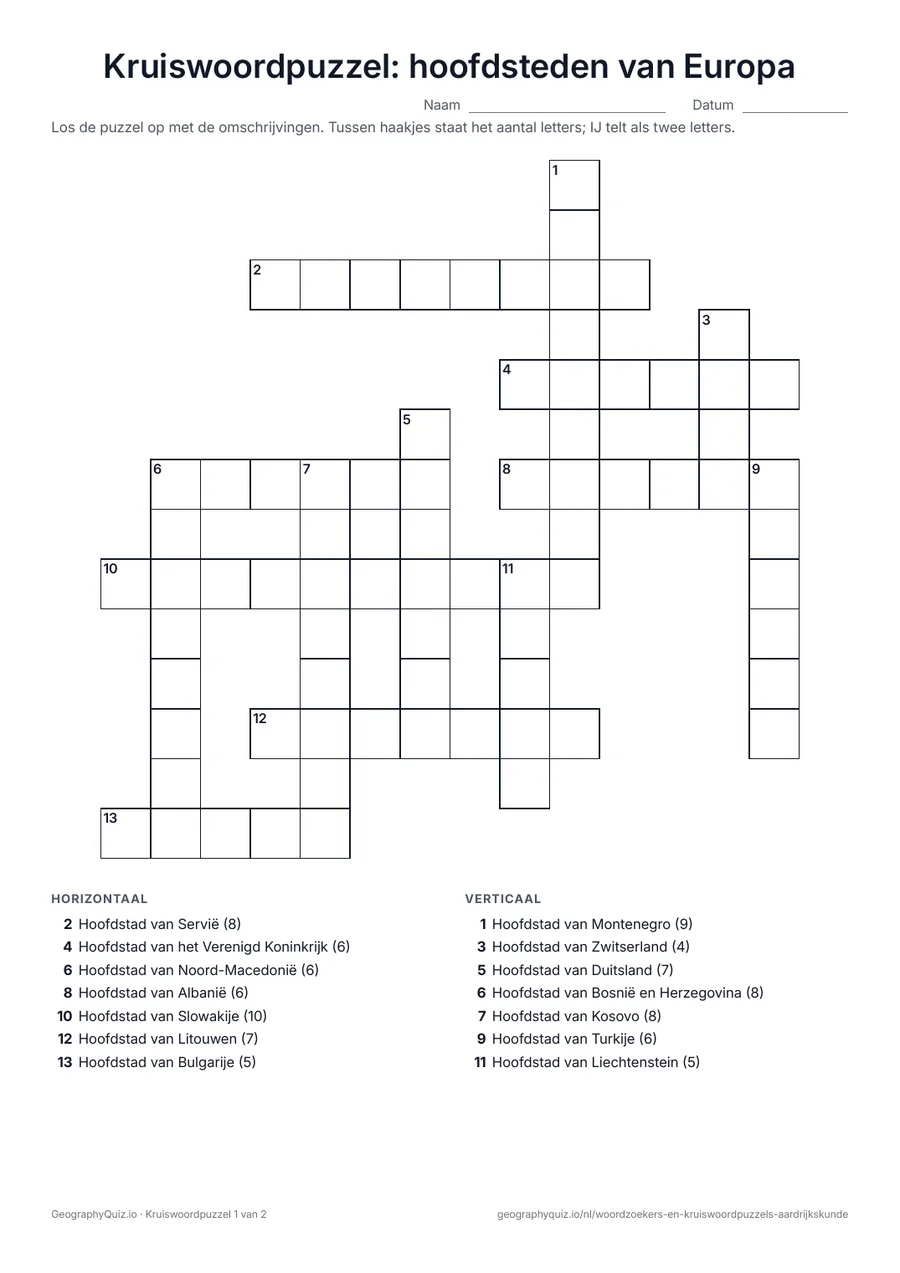 Voorbeeld van het werkblad “Kruiswoordpuzzel: hoofdsteden van Europa”: Een kruiswoordpuzzel over de hoofdsteden van Europa: “Hoofdstad van Hongarije”