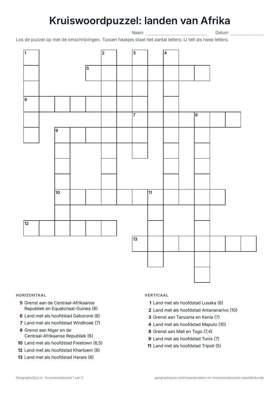 Voorbeeld van het werkblad “Kruiswoordpuzzel: landen van Afrika”: Een kruiswoordpuzzel over de landen van Afrika, met de hoofdstad of de buren als omschrijving