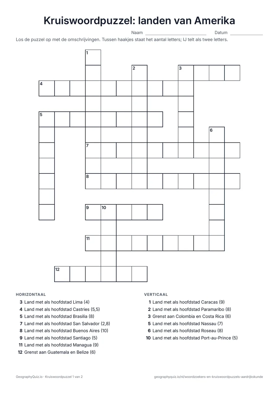 Voorbeeld van het werkblad “Kruiswoordpuzzel: landen van Amerika”: Een kruiswoordpuzzel over de landen van Noord-, Midden- en Zuid-Amerika, met de hoofdstad of de buren als omschrijving