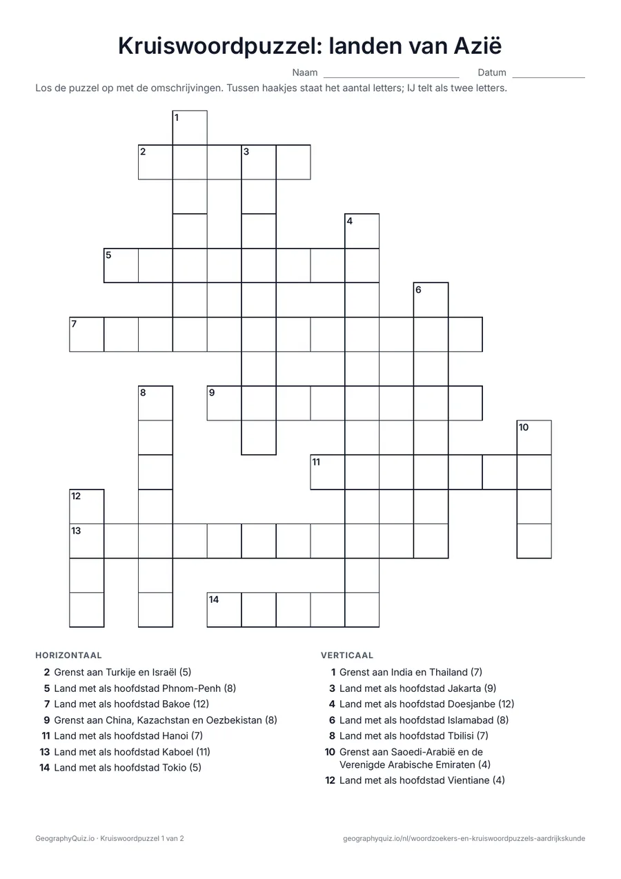 Voorbeeld van het werkblad “Kruiswoordpuzzel: landen van Azië”: Een kruiswoordpuzzel over de landen van Azië, met de hoofdstad of de buren als omschrijving