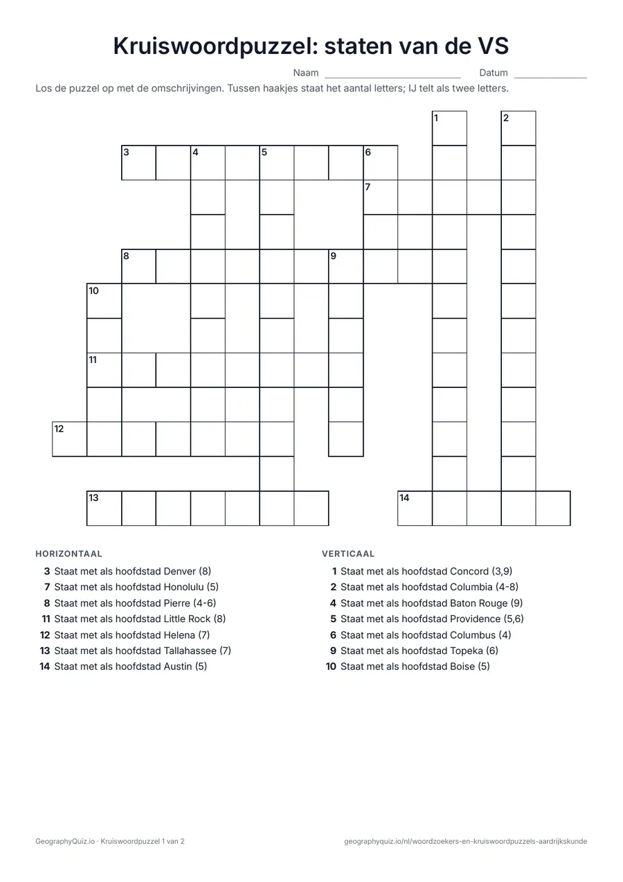 Voorbeeld van het werkblad “Kruiswoordpuzzel: staten van de VS”: Een kruiswoordpuzzel over de staten van de Verenigde Staten met de hoofdstad als omschrijving: “Staat met als hoofdstad Boise”