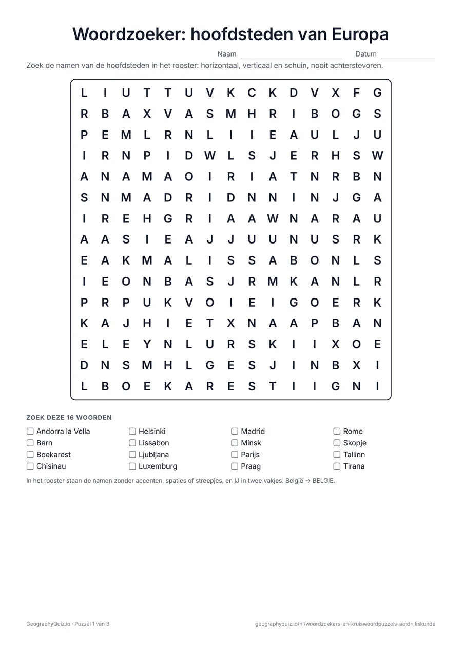Voorbeeld van het werkblad “Woordzoeker: hoofdsteden van Europa”: De hoofdsteden van Europa in drie puzzels