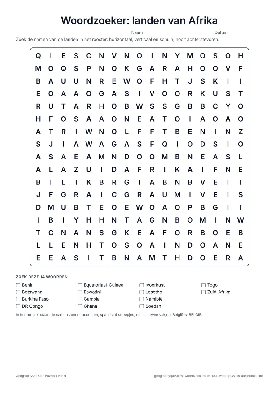 Voorbeeld van het werkblad “Woordzoeker: landen van Afrika”: Alle 54 landen van Afrika in vier puzzels
