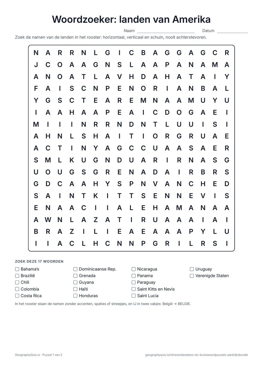 Voorbeeld van het werkblad “Woordzoeker: landen van Amerika”: Alle 35 landen van Noord-, Midden- en Zuid-Amerika en het Caribisch gebied in twee puzzels