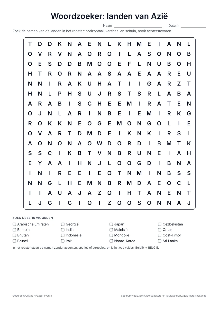 Voorbeeld van het werkblad “Woordzoeker: landen van Azië”: Alle 47 landen van Azië in drie puzzels