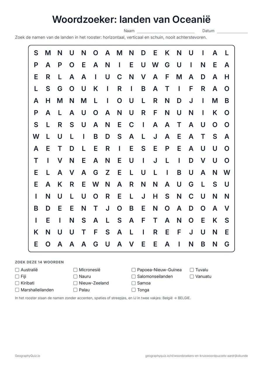 Voorbeeld van het werkblad “Woordzoeker: landen van Oceanië”: De 14 landen van Oceanië in één puzzel