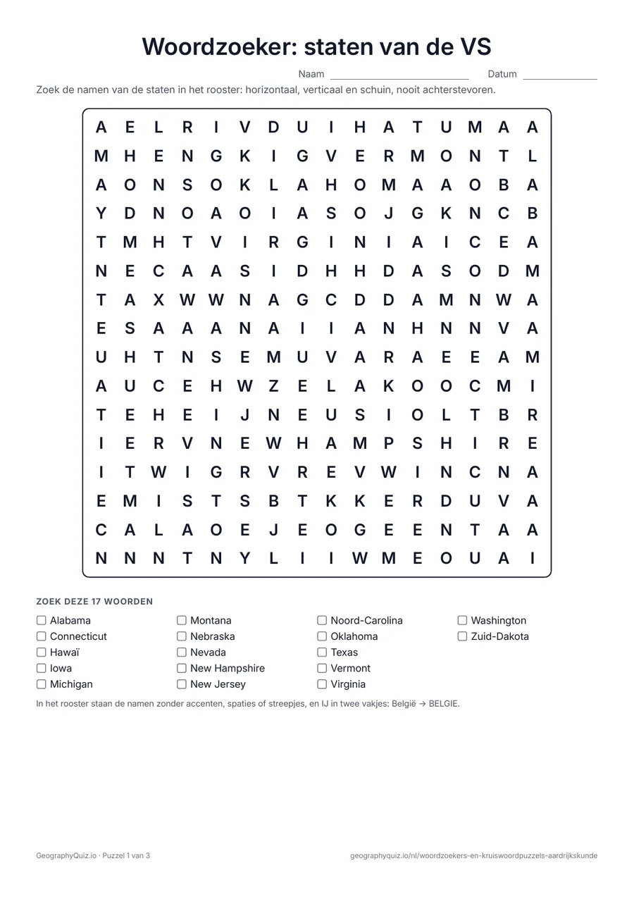 Voorbeeld van het werkblad “Woordzoeker: staten van de VS”: Alle 50 staten van de Verenigde Staten in drie puzzels