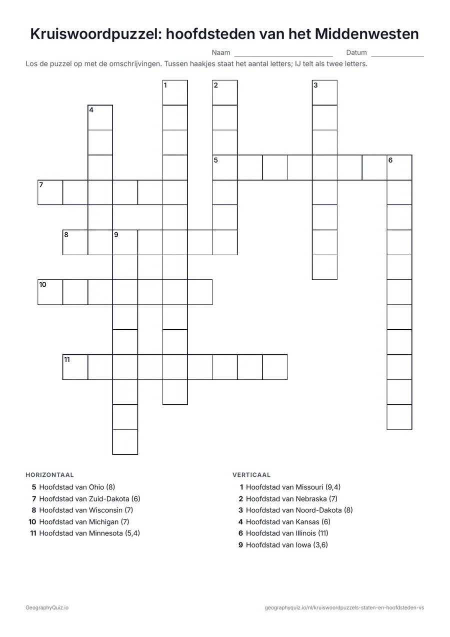 Voorbeeld van het werkblad “Kruiswoordpuzzel: hoofdsteden van het Middenwesten”: De omschrijvingen zijn de staten van het Middenwesten; het antwoord is de hoofdstad