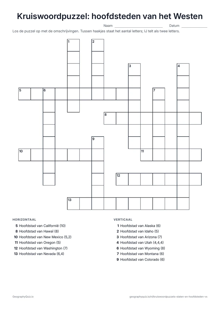 Voorbeeld van het werkblad “Kruiswoordpuzzel: hoofdsteden van het Westen”: De omschrijvingen zijn de staten van het Westen; het antwoord is de hoofdstad
