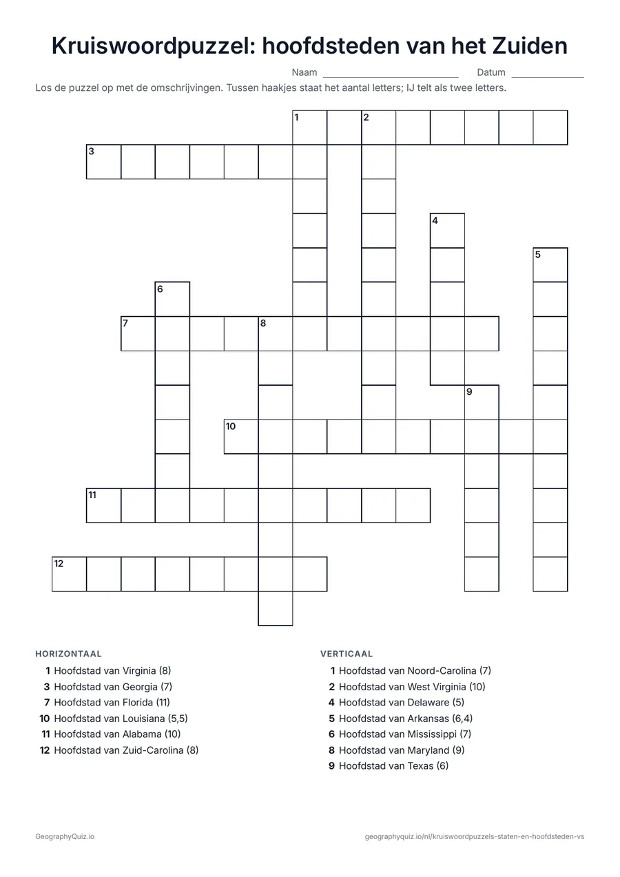 Voorbeeld van het werkblad “Kruiswoordpuzzel: hoofdsteden van het Zuiden”: De omschrijvingen zijn de staten van het Zuiden; het antwoord is de hoofdstad