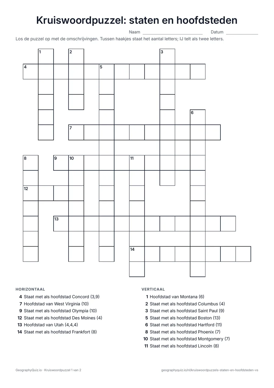 Voorbeeld van het werkblad “Kruiswoordpuzzel: staten en hoofdsteden”: Twee puzzels die beide richtingen mengen: sommige omschrijvingen geven de staat en vragen de hoofdstad, andere andersom