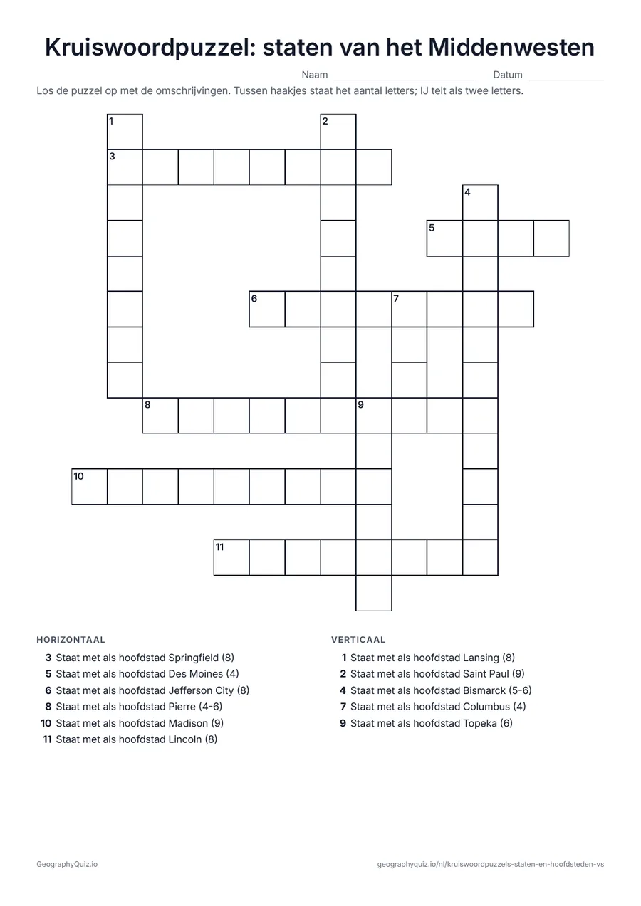 Voorbeeld van het werkblad “Kruiswoordpuzzel: staten van het Middenwesten”: De omschrijvingen zijn de hoofdsteden van het Middenwesten; het antwoord is de staat