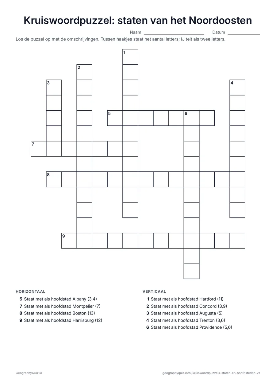 Voorbeeld van het werkblad “Kruiswoordpuzzel: staten van het Noordoosten”: De omschrijvingen zijn de hoofdsteden van het Noordoosten; het antwoord is de staat