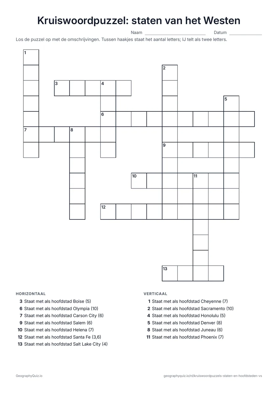 Voorbeeld van het werkblad “Kruiswoordpuzzel: staten van het Westen”: De omschrijvingen zijn de hoofdsteden van het Westen; het antwoord is de staat