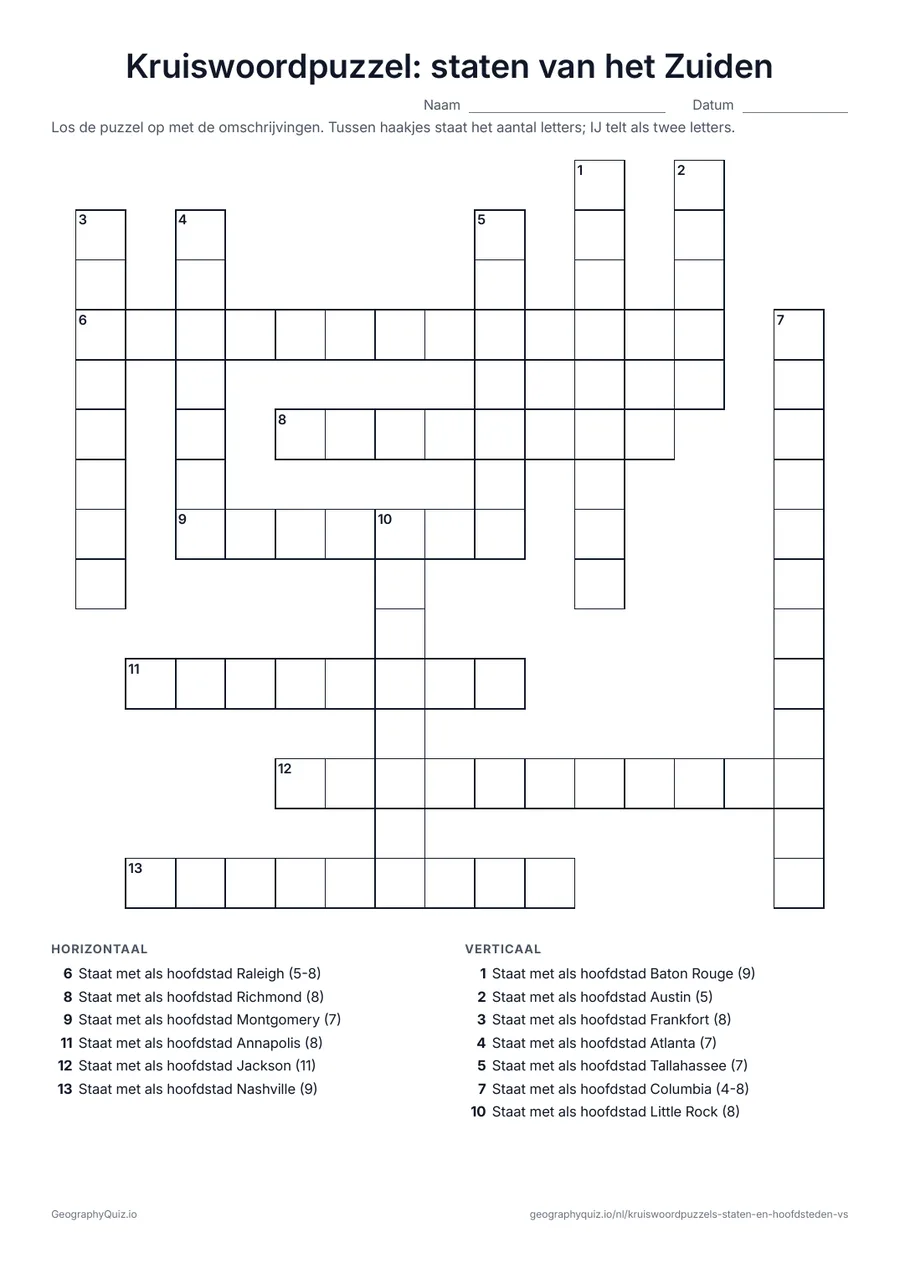 Voorbeeld van het werkblad “Kruiswoordpuzzel: staten van het Zuiden”: De omschrijvingen zijn de hoofdsteden van het Zuiden; het antwoord is de staat