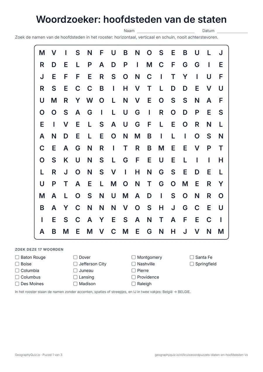 Voorbeeld van het werkblad “Woordzoeker: hoofdsteden van de staten”: Alle 50 hoofdsteden van de staten verborgen in drie woordzoekers