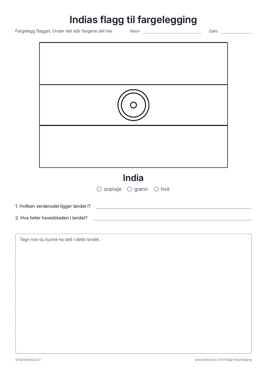 Forhåndsvisning av arbeidsarket «Indias flagg til fargelegging» til utskrift: Indias flagg i stort format og i riktige proporsjoner, med fargeforklaring og to spørsmål
