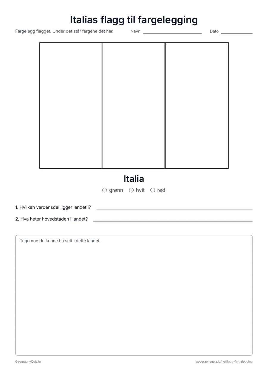 Forhåndsvisning av arbeidsarket «Italias flagg til fargelegging» til utskrift: Italias flagg i stort format og i riktige proporsjoner, med fargeforklaring og to spørsmål