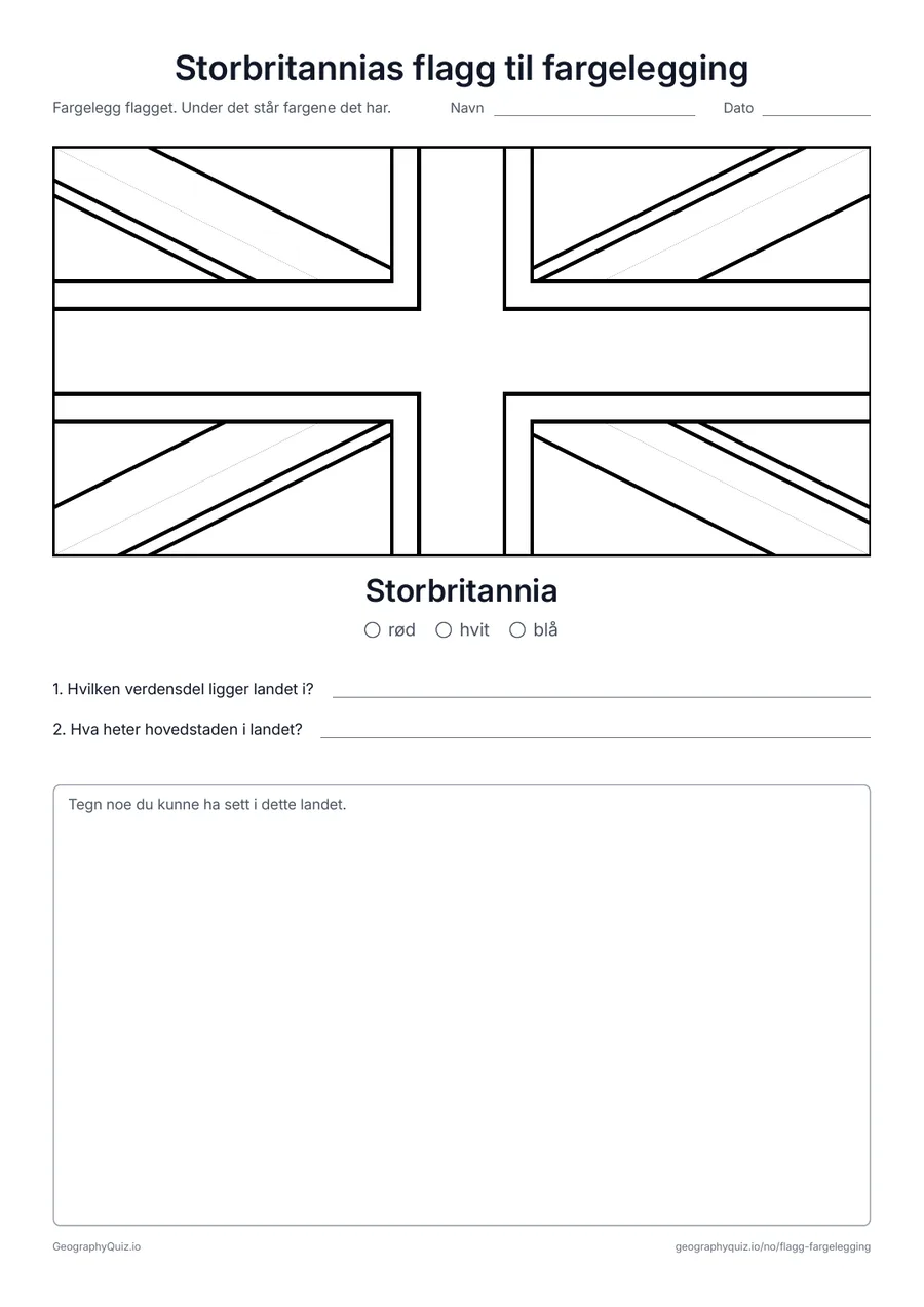Forhåndsvisning av arbeidsarket «Storbritannias flagg til fargelegging» til utskrift: Union Jack, flagget til Storbritannia, i stort format og i riktige proporsjoner, med fargeforklaring og to spørsmål