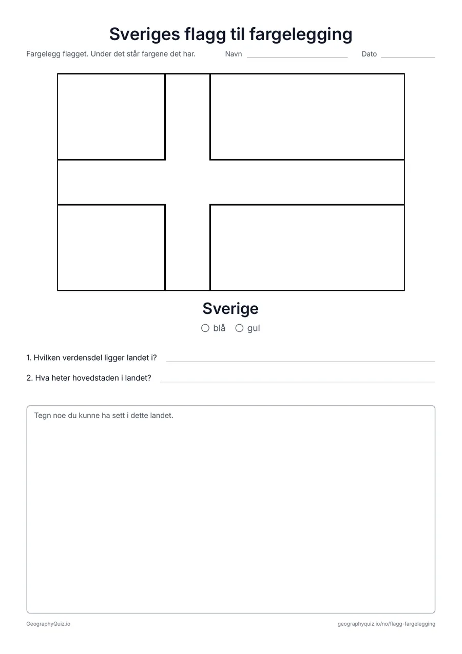 Forhåndsvisning av arbeidsarket «Sveriges flagg til fargelegging» til utskrift: Det gule korset på blå bunn i Sveriges flagg, med fargeforklaring og to spørsmål