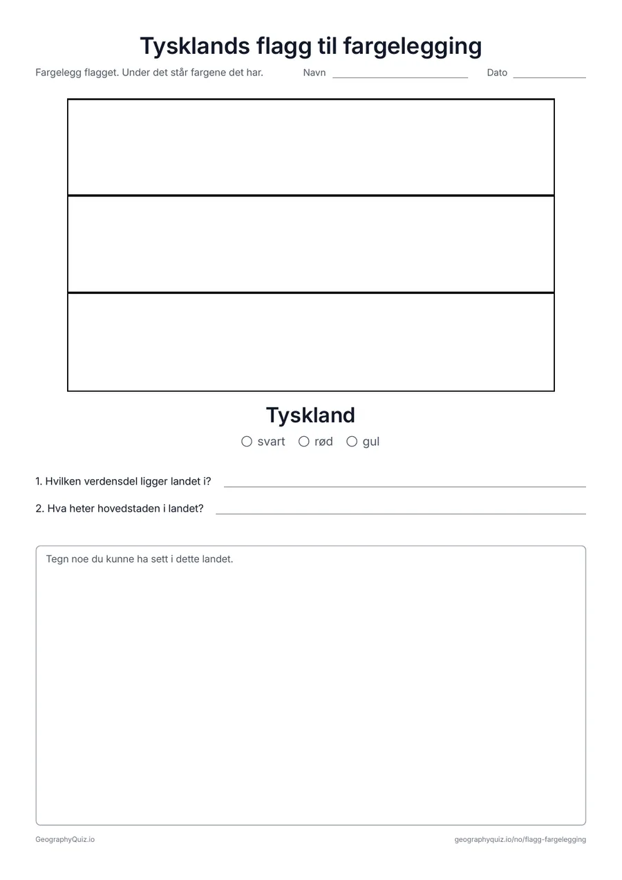 Forhåndsvisning av arbeidsarket «Tysklands flagg til fargelegging» til utskrift: Tysklands flagg i stort format og i riktige proporsjoner, med fargeforklaring og to spørsmål