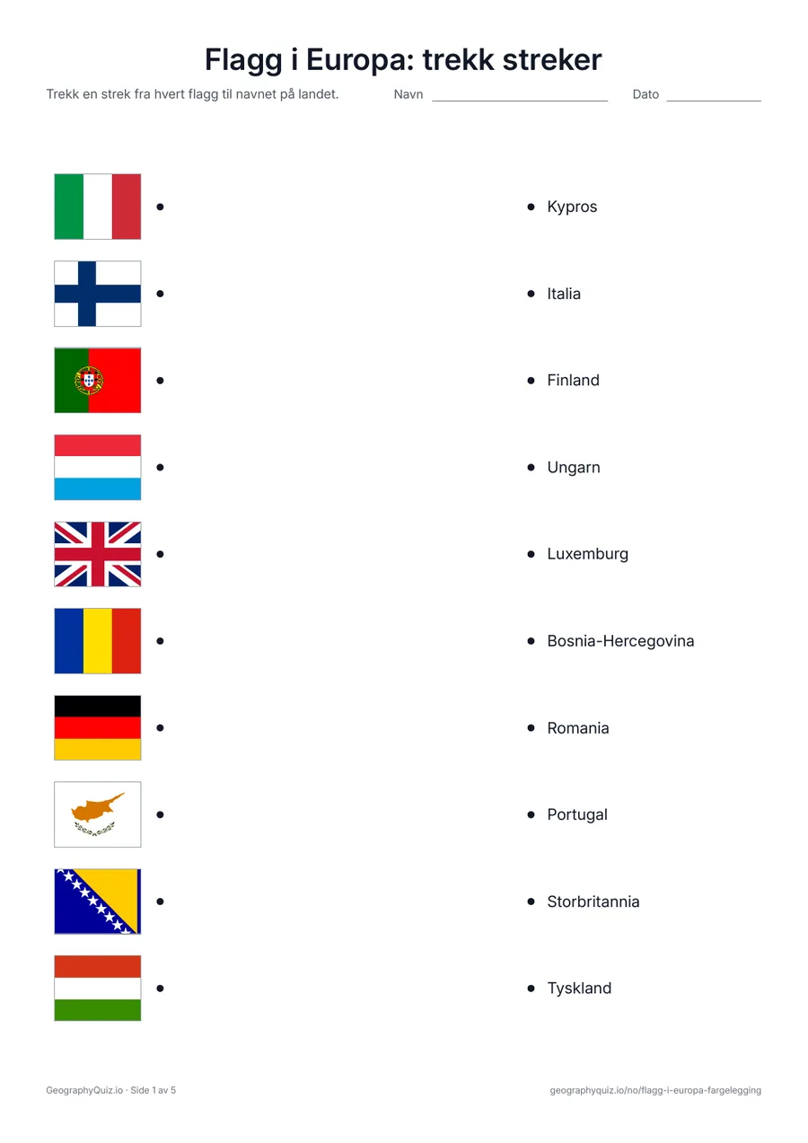 Forhåndsvisning av arbeidsarket «Flagg i Europa: trekk streker» til utskrift: Flagg på den ene siden og navnene på landene i tilfeldig rekkefølge på den andre