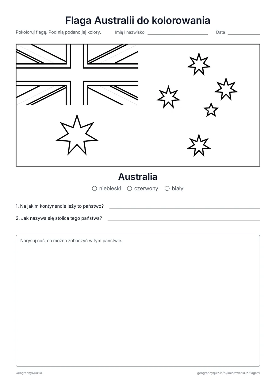 Podgląd karty pracy do druku „Flaga Australii do kolorowania”: Flaga Australii w dużym formacie i w prawdziwych proporcjach, z legendą kolorów i dwoma pytaniami