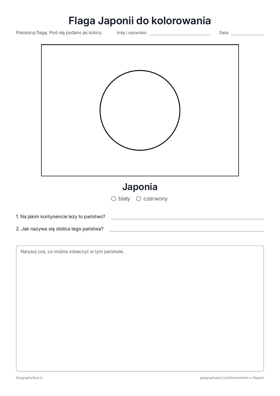 Podgląd karty pracy do druku „Flaga Japonii do kolorowania”: Flaga Japonii w dużym formacie i w prawdziwych proporcjach, z legendą kolorów i dwoma pytaniami