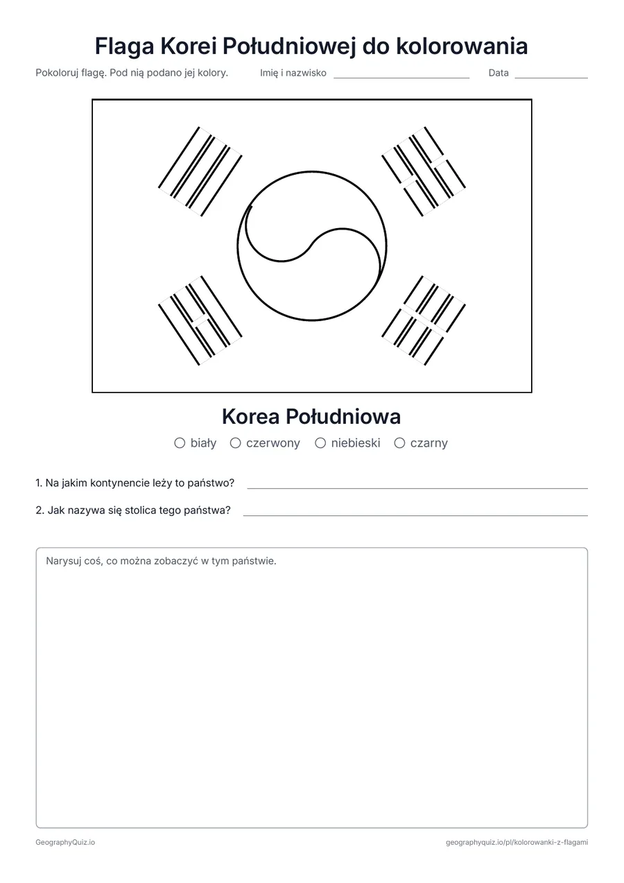 Podgląd karty pracy do druku „Flaga Korei Południowej do kolorowania”: Flaga Korei Południowej w dużym formacie i w prawdziwych proporcjach, z legendą kolorów i dwoma pytaniami