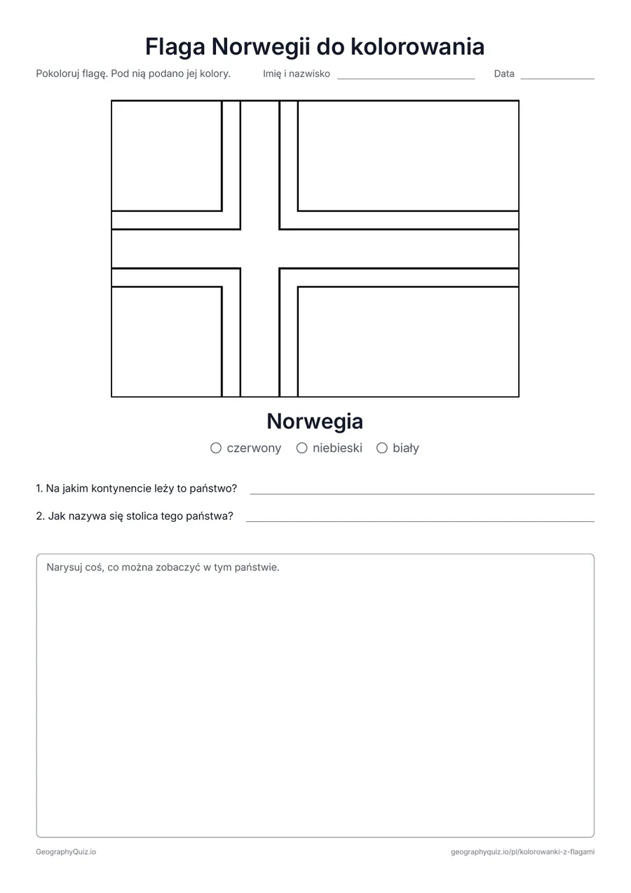 Podgląd karty pracy do druku „Flaga Norwegii do kolorowania”: Czerwona flaga Norwegii z niebiesko-białym krzyżem, z legendą kolorów i dwoma pytaniami