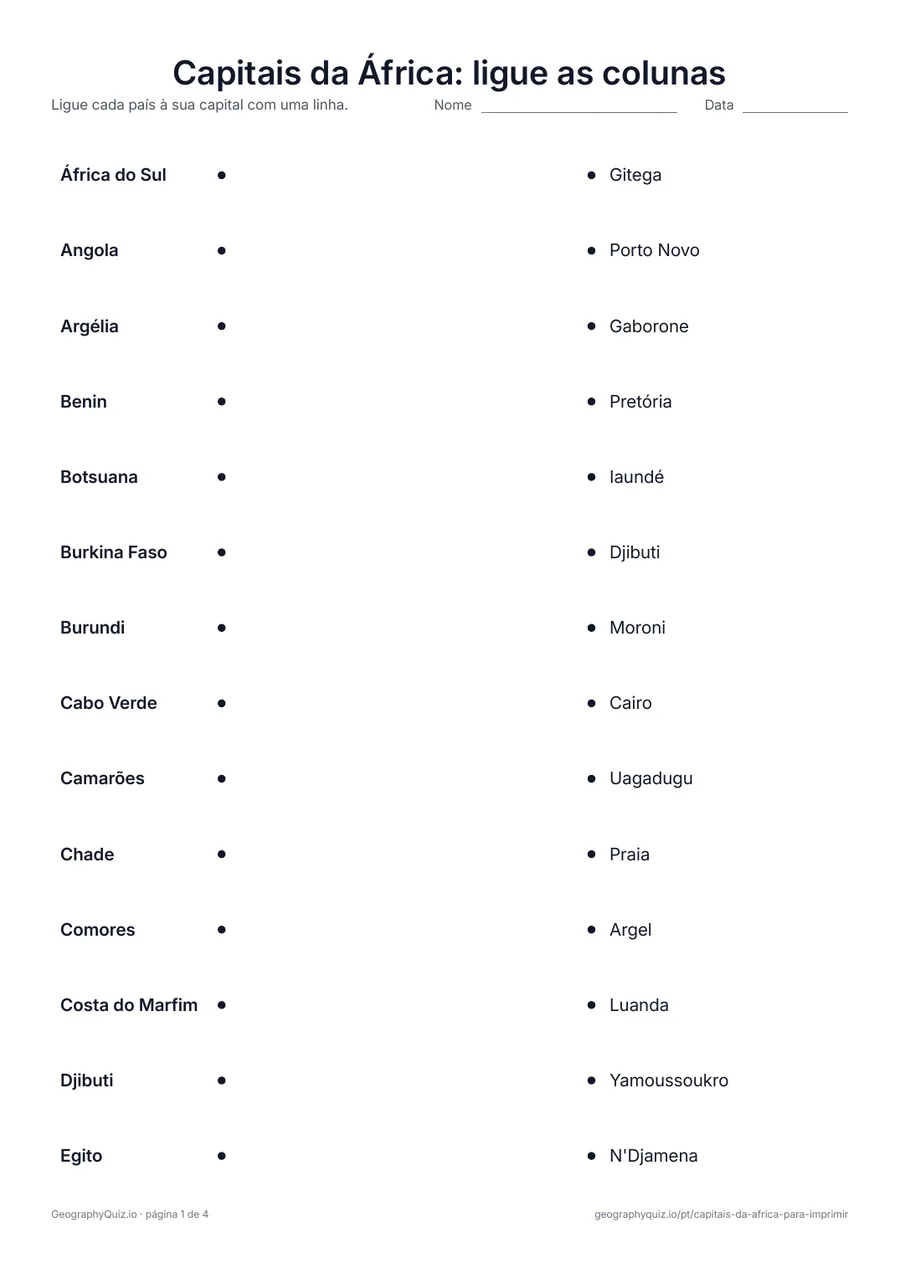 Prévia da atividade para imprimir: Capitais da África: ligue as colunas