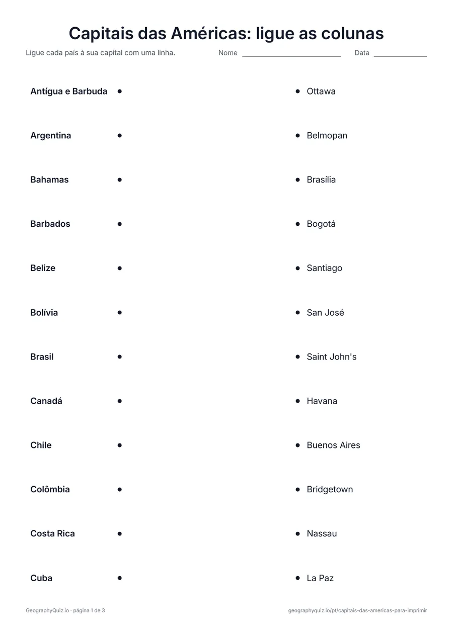 Prévia da atividade para imprimir: Capitais das Américas: ligue as colunas