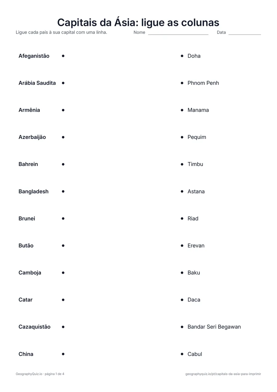 Prévia da atividade para imprimir: Capitais da Ásia: ligue as colunas