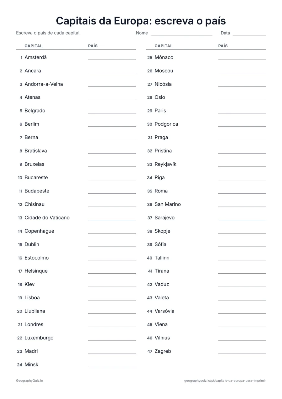 Prévia da atividade para imprimir: Capitais da Europa: escreva o país