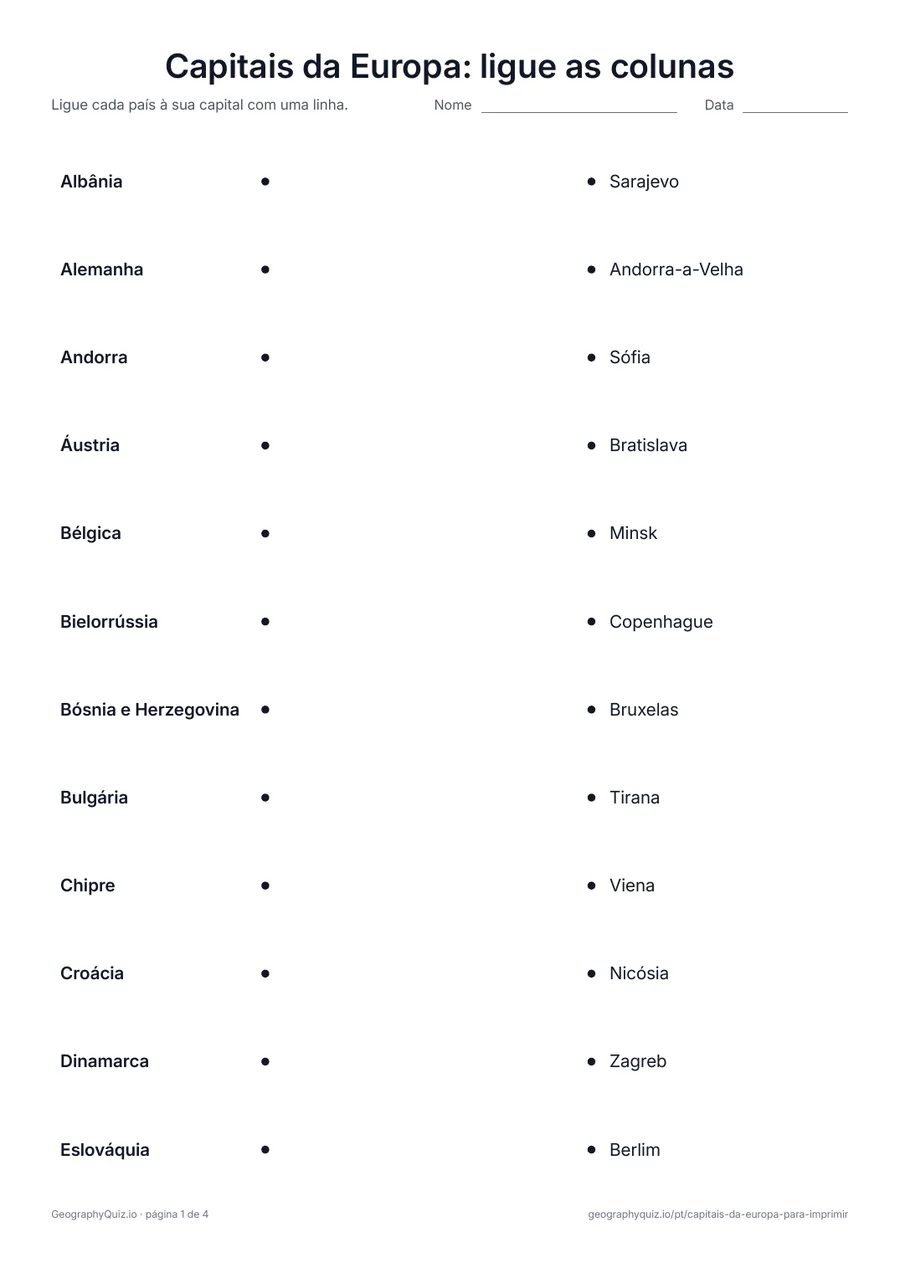 Prévia da atividade para imprimir: Capitais da Europa: ligue as colunas