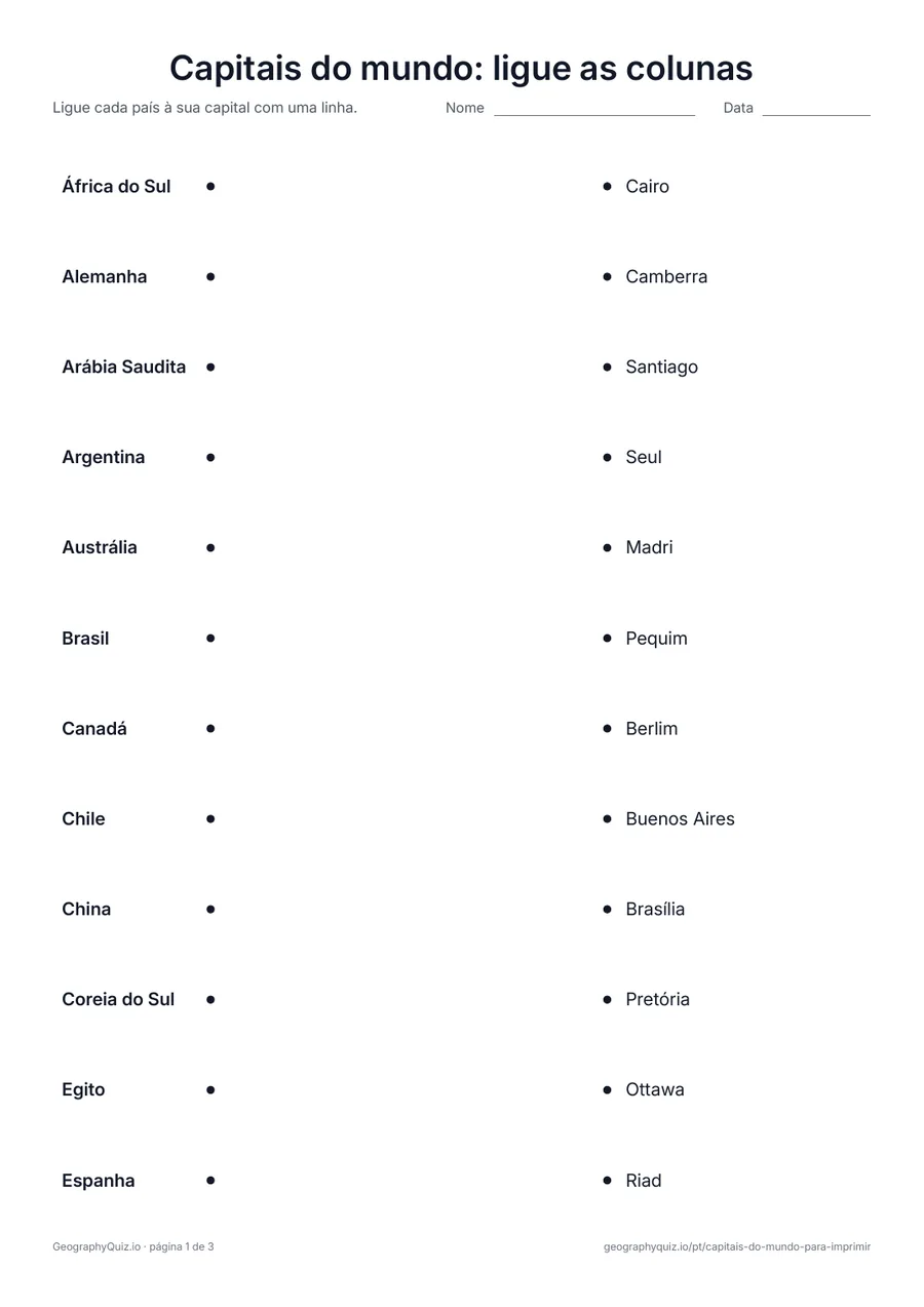 Prévia da atividade para imprimir: Capitais do mundo: ligue as colunas