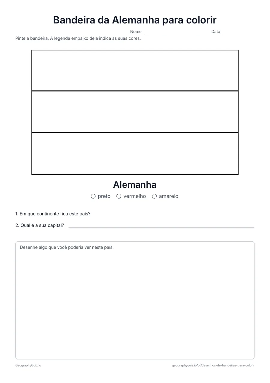 Prévia da atividade para imprimir: Bandeira da Alemanha para colorir: A bandeira da Alemanha desenhada em tamanho grande e nas proporções reais, com uma legenda de cores e duas perguntas